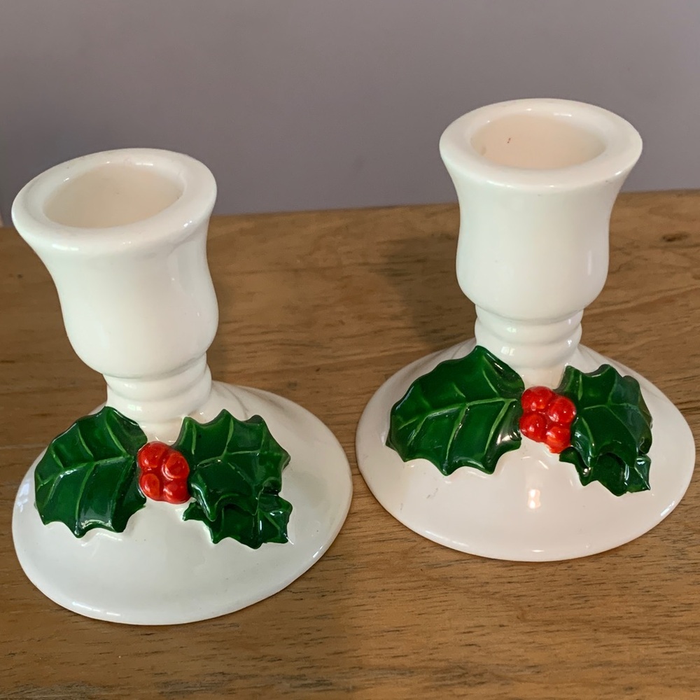 Lillian Vernon Candle Holders with Holly Design